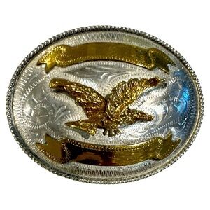 Vintage Metal Belt Buckle, Alpaca Silver and Brass, Eagle, 5 1/4" x 4", Heavy Du